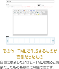 その他HTMLで作成するものが
面倒だったもの:
自由に更新したいけどHTMLを触ると面倒だったものも簡単に登録できます。
