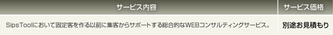DプランはSipsToolにおいて固定客を作る以前に集客からサポートする総合的なWEBコンサルティングサービスです。別途お見積もりです。