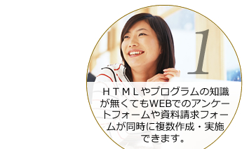 メリット１：ＨＴＭＬやプログラムの知識が無くてもWEBでのアンケートフォームや資料請求フォームが同時に複数作成・実施
できます。