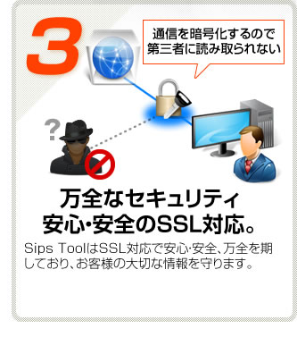 【３】万全なセキュリティ、安心・安全のSSL対応。Sips ToolはSSL対応で安心・安全、万全を期しており、お客様の大切な情報を守ります。